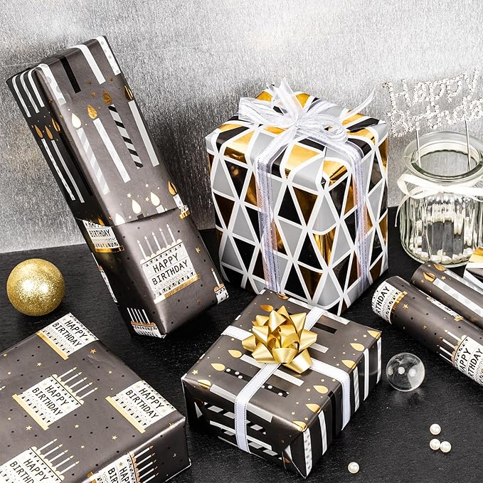 MAYPLUSS Birthday Wrapping Paper Roll 17 IN *120 IN Per Roll, Black and Gold Gift Wrapping Paper Mini Roll, 3 Rolls, Triangles Candle Geometry Pattern With Gold Foil for Birthday, Party All Occassions