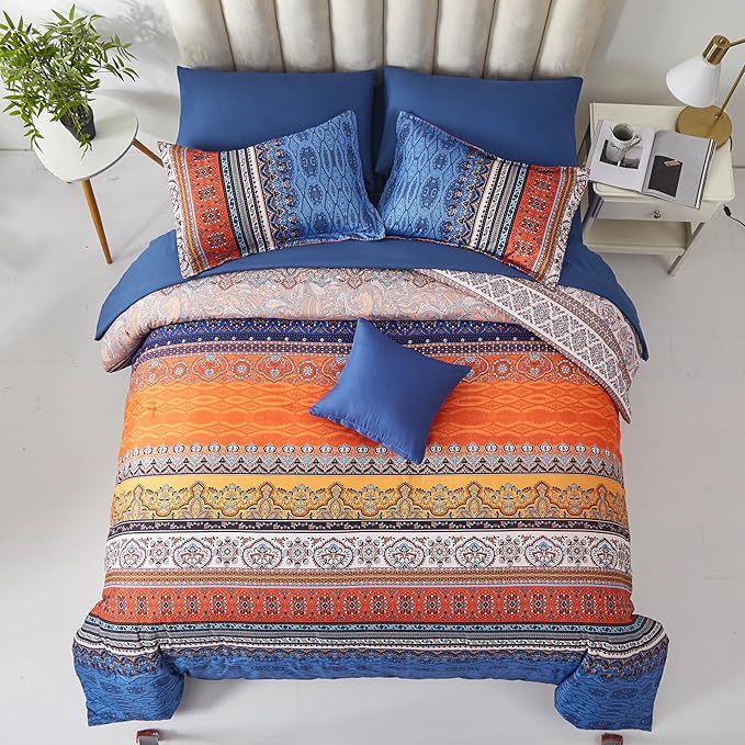 Cottolester Boho Comforter Set Queen Size 8 Piece Bed in a Bag Burnt Orange Paisley Fall Comforter and Sheet Set Bohemian Striped Bedding Set,Soft Microfiber Complete Bedding Set