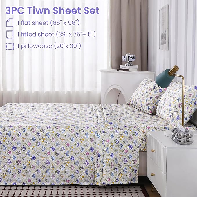 Softan Floral Twin Sheet Set, 3-Piece Microfiber Printed Fitted Sheet with 15" Deep Pockets & Non-Slip Straps, Multi Flower Patterned Single Bedding Sheets & Pillowcase Set
