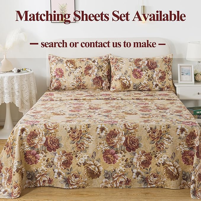 FADFAY Duvet Cover Set Full Tan Peony Floral Bedding Shabby Brown Flower Comforter Cover Set Vintage Farmhouse Bedding 100% Cotton Soft Quilt Cover with Hidden Zipper Closure 3 Pieces, Full Size