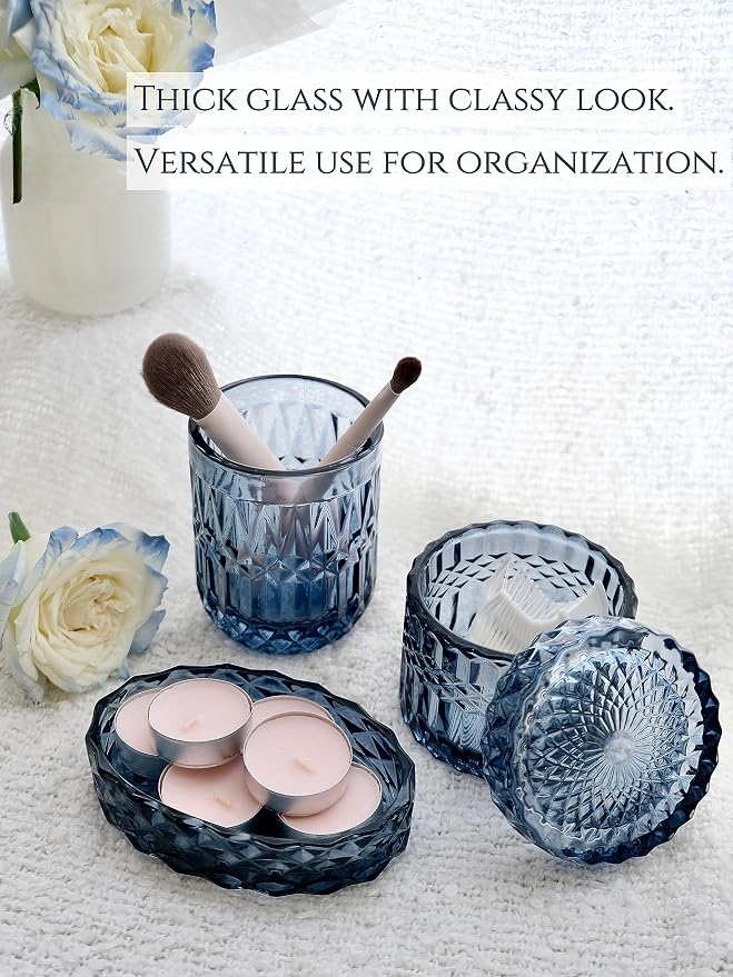 LaMarriti Blue Bathroom Accessories Set, 5Pcs Clear Glass Bathroom Accessories, Hand Soap Dispenser, Soap Dish, Toothbrush Holder Set, Qtips Holder for Crystal Vintage Bath Countertop Decor, Gift Set