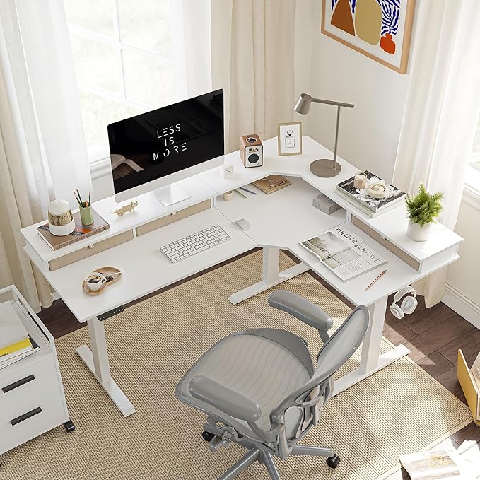 FEZIBO 63" L Shaped Standing Desk with Drawers, 330LBS Electric Standing Gaming Desk L Shape, Pure White