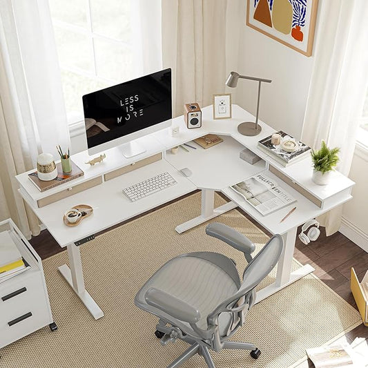 FEZIBO 63" L Shaped Standing Desk with Drawers, 330LBS Electric Standing Gaming Desk L Shape, Pure White