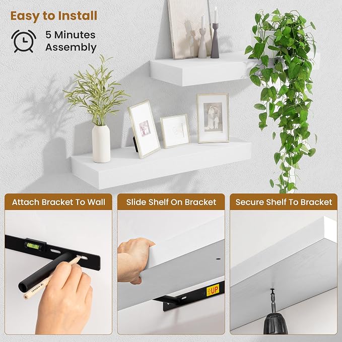 Fun Memories Floating Shelves Bathroom for Wall Mounted Shelves, 20 Inch Wood Shelf Set of 2, Home Storage & Display Decor, White