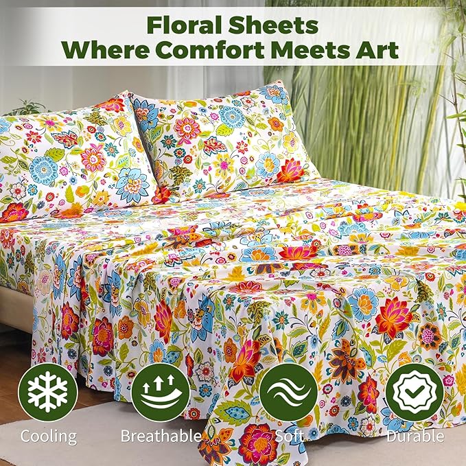 Bedlifes Twin Floral 3-Piece Sheet Set - Cooling Sheets Blend Rayon Derived from Bamboo,Soft & Breathable, Deep Pocket 16", Wrinkle Resistant - Vibrant Boho Floral Spring Design