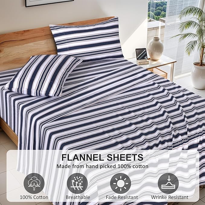 RUVANTI Flannel Sheets Full Size - 100% Cotton Double Brushed Bed Sheets Set, Deep Pockets 16 Inches, All Seasons Breathable & Extra Soft Full Sheets, Warm & Cozy, 4 Piece, Maritime Stripe