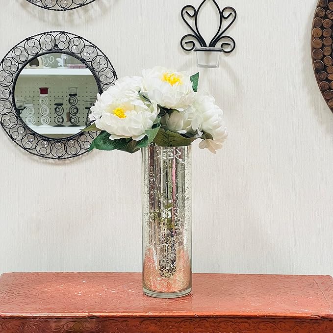 Hosley Silver Mercury Glass Vase Set of 2 Pcs, Large Glass Vases for Flowers, Vases in Bulk, Vintage for Centerpieces, Ideal for Home Décor, Livingroom, Office, Spa