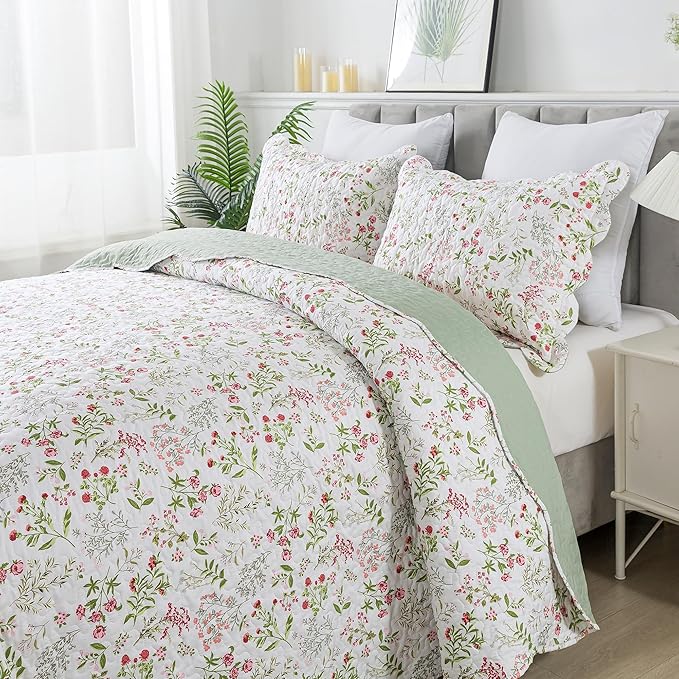 HoneiLife Queen Quilt Bedding Set - 3 Pieces Microfiber Quilt Sets Lightweight Bedspreads Reversible Coverlets Nature Bed Cover Floral Bedding Set Wildflower Quilts All Season Use