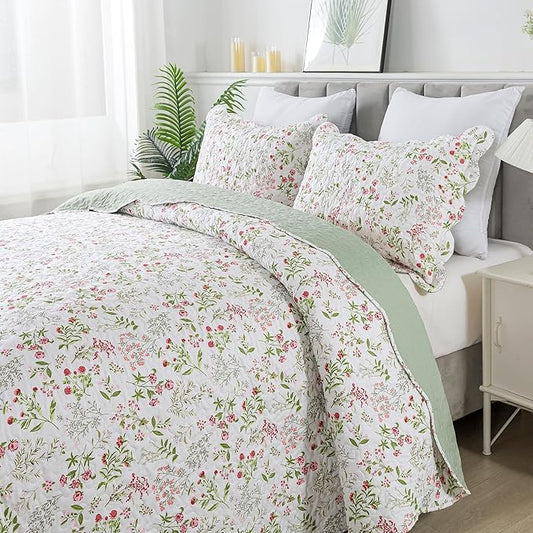 HoneiLife Queen Quilt Bedding Set - 3 Pieces Microfiber Quilt Sets Lightweight Bedspreads Reversible Coverlets Nature Bed Cover Floral Bedding Set Wildflower Quilts All Season Use