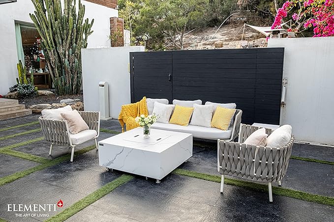 Elementi+ | Bianco Gas Fire Pit | Marble Porcelain & Metal Frame | 40" Square Fire Table | Electronic Ignition | Canvas Cover, Fire Glass & Burner Lid Included | White | Propane Gas