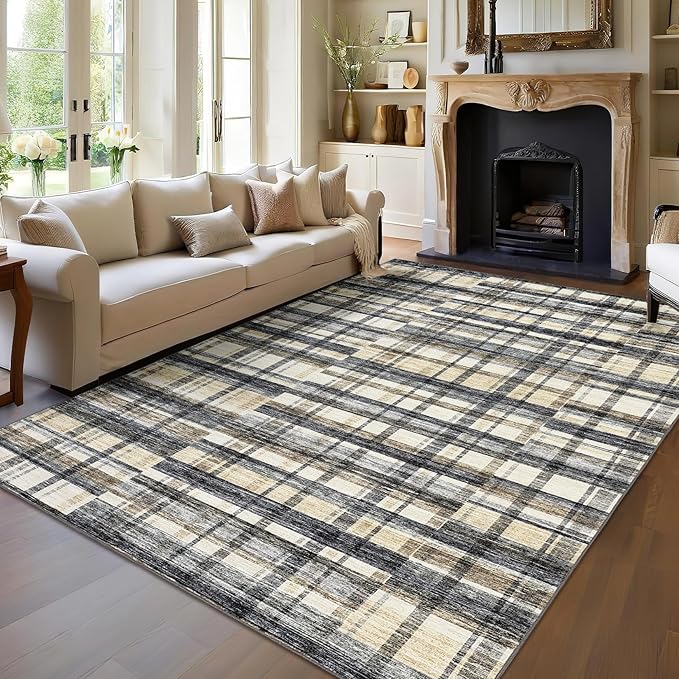 Washable Rugs 9 x 12 Rug for Living Room Farmhouse Rug for Bedroom Large Area Rug Plaid Non Slip Carpet Throw Rugs for Dining Room Stain Resistant Office Classroom, Blue/Beige