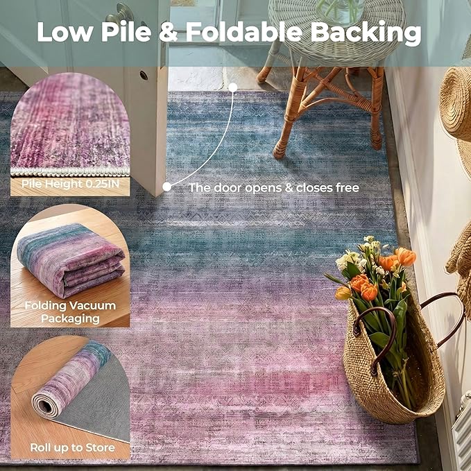 Kokia Abstract Area Rugs Boho Washable Distressed Retro Indoor 6x9 Rug Multicolor Low Pile Non-Slip Non-Shedding Red Carpet Bedroom Living Room Dining Room, Oslo Orchid