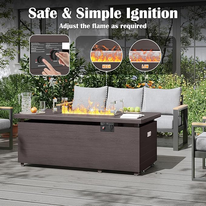 Sundale Outdoor 51 Inch Outdoor Fire Pit Table, 50,000BTU Rectangle Propane Fire Pit with Sliding Tank Holder, Glass Wind Guard, Removable Lid, CSA Certified, Brown