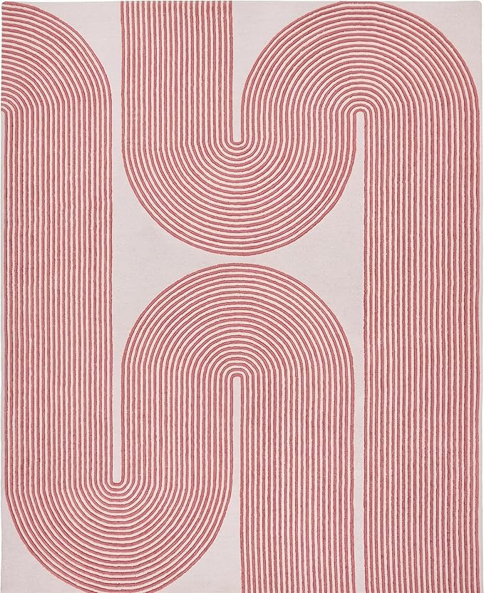 Modern Handmade Wool Area Rug, Abstract Curved Line Geometric Indoor Carpet for Living Room Bedroom, Contemporary Tufted Rug with Soft Pile and Cotton Backing (Dusty Rose, 5' x 8')