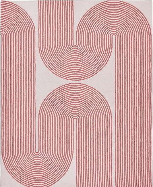 Modern Handmade Wool Area Rug, Abstract Curved Line Geometric Indoor Carpet for Living Room Bedroom, Contemporary Tufted Rug with Soft Pile and Cotton Backing (Dusty Rose, 5' x 8')