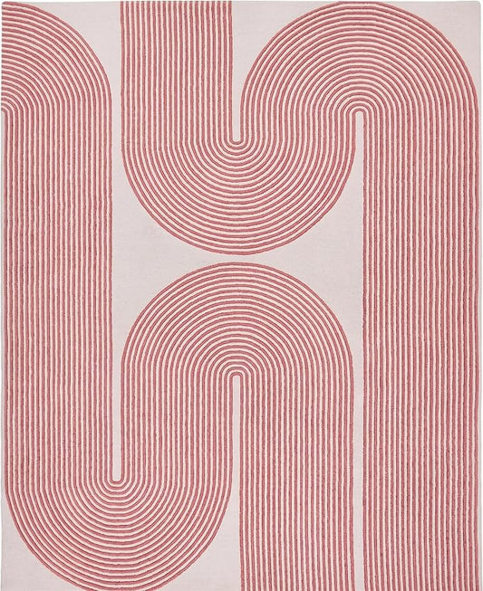 Modern Handmade Wool Area Rug, Abstract Curved Line Geometric Indoor Carpet for Living Room Bedroom, Contemporary Tufted Rug with Soft Pile and Cotton Backing (Dusty Rose, 8' x 12')