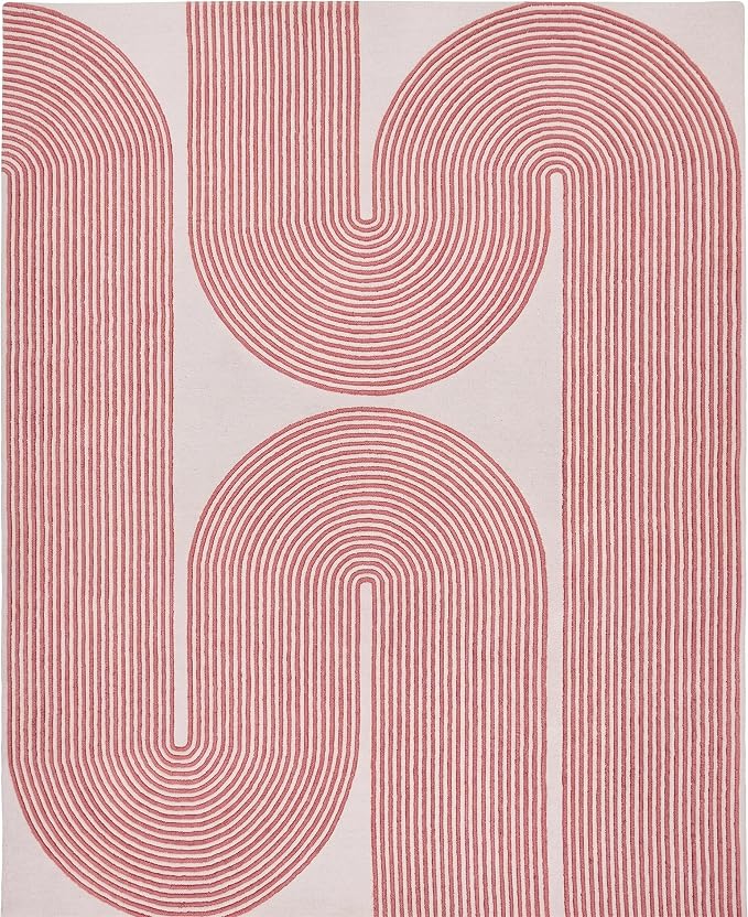 Modern Handmade Wool Area Rug, Abstract Curved Line Geometric Indoor Carpet for Living Room Bedroom, Contemporary Tufted Rug with Soft Pile and Cotton Backing (Dusty Rose, 6' x 9')