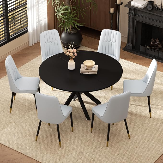 RGZ Mid Century Black Round Dining Table Set for 6, 47" Large Wooden Circle Kitchen Table & 6 Light Gray PU Leather Kitchen Chairs, Dinner Table Set for Home, Apartment, Dining Room