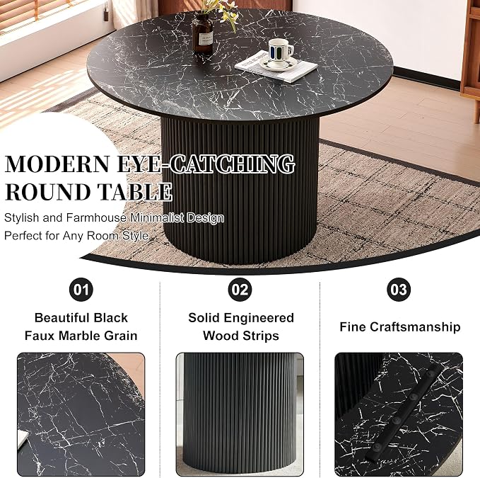 Homedot 47.24" Industrial Kitchen Dining Table Round for 4-6, Rustic Dining Table Circular with Two-Part Tabletop&MDF Pedestal Striped Base,Metal Frame Dinner Meeting Table, Black Marble Grain Look