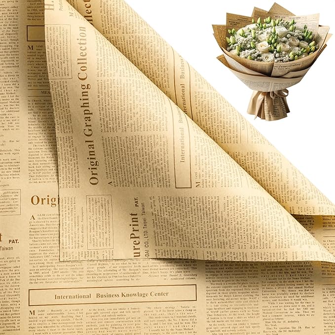 WRAPAHOLIC 20 Sheets Kraft Flower Wrapping Paper - 19.6 x 27.5 inch Retro Coffee Lettering Floral Bouquet Wrapping, Florist Supplies Packaging Paper for Wedding Birthday Gift DIY