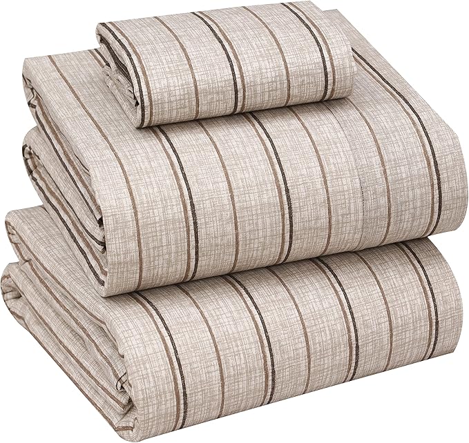 RUVANTI 100% Cotton Twin Sheets Set, 3 Pieces, Soft & Breathable Percale Weave Bedding, Deep Pocket 16", Hotel Standard, Crisp Cool Feel, Durable, Perfect Striped Bed Sheet, Brown Stripes