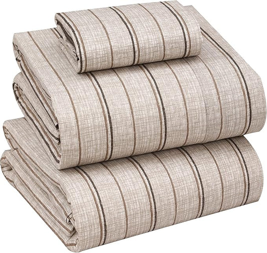 RUVANTI 100% Cotton Twin Sheets Set, 3 Pieces, Soft & Breathable Percale Weave Bedding, Deep Pocket 16", Hotel Standard, Crisp Cool Feel, Durable, Perfect Striped Bed Sheet, Brown Stripes