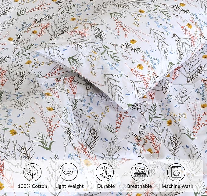 RUVANTI 100% Cotton Sheets Queen Size Set, 4 Pieces, Soft & Breathable Percale Weave Bedding, Deep Pocket 16", Hotel Standard, Crisp Cool Feeling, Durable, Perfect Floral Bed Sheet, Aroma