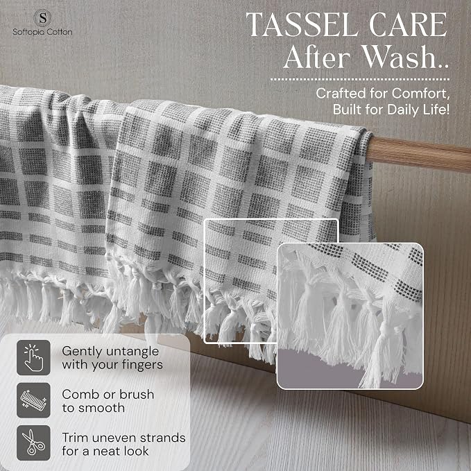 Matrix Dobby Kitchen Dish Towels Set of 4, 100% Cotton, 16x26 Inches, Reusable Dishcloths with Handmade Knotted Tassels, Absorbent, Washable Towels for Cleaning - Dark Gray, White