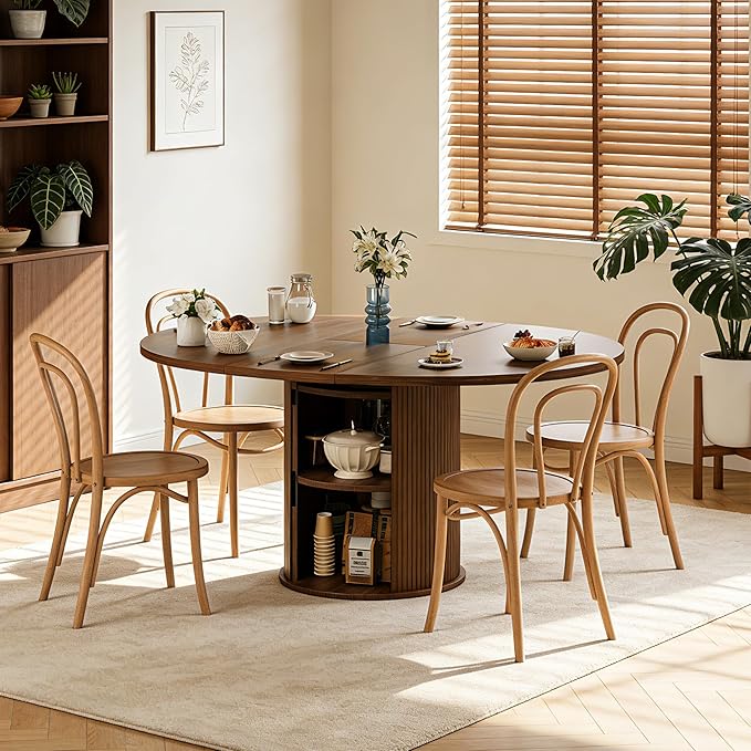 Wildhome Extendable Round Dining Table for 2-4-6, 59 Inch Dining Room Kitchen Table with 2-Tier Storage Shelf, Modern Farmhouse Fluted Wood Slide Door Dinner Furniture,Oval Circle,Walnut-59 Inch