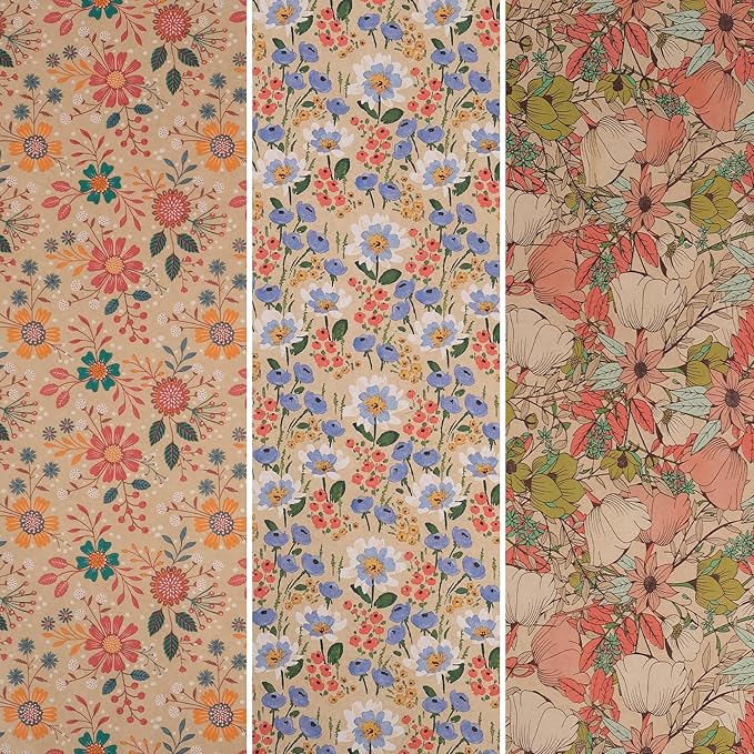 Aimyoo Kraft Floral Wrapping Paper Roll - 3 Rolls- 30 Inch x 10 Feet Per Roll - All Occasion Vintage Flower Gift Wrap Paper for Mother's Day Wedding Birthday Bridal Shower