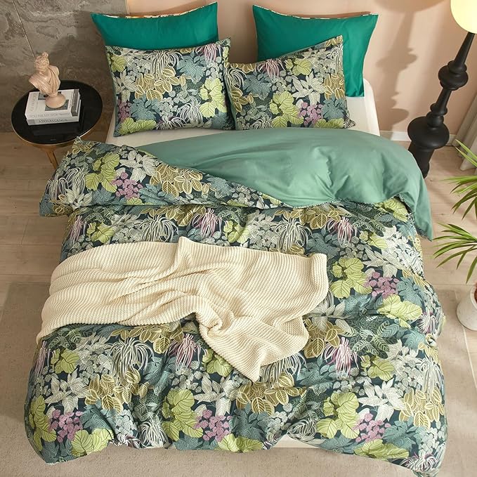 EAVD Tropical Leaves Duvet Cover King Soft Cotton Chic Plant Green Leaf Pattern Bedding Set with 2 Pillowcases Fresh Botanical Leaves Comforter Cover with Zipper Closure
