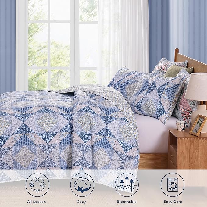 Quilt Set Queen Size, Patchwork Blue Marigold Floral Quilt Sets, Reversible Bedspread Lightweight and Breathable for All Seasons, Soft Quilted Bedspread with 2 Pillow Shams