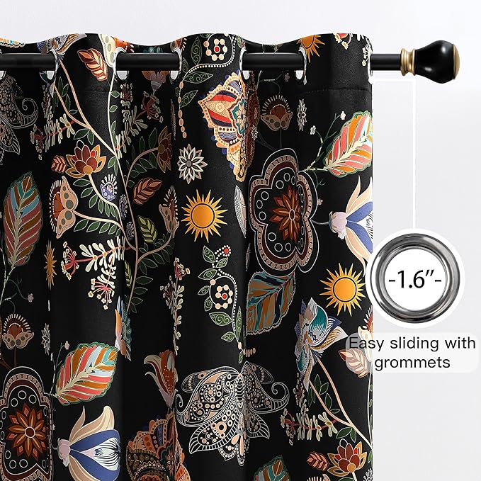 XiDi Black Dark Floral Curtains 102 Inches Long 2 Panels 100% Blackout Patterned Curtains Thermal Insulated Luxury Vintage Flower Botanical Printed Drapes Grommet for Living Room Bedroom Decor 52x102