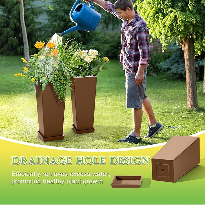 Set of 4 24" Tall Plastic Planters with Trays, Large Tapered Plant Pots for Indoor Outdoor Use, Modern Decorative Planters for Porch, Patio, Garden, and Backyard