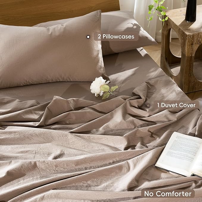 MooMee Bedding Duvet Cover Set 100% Washed Cotton Linen Like Textured Breathable Durable Soft Comfy (Solid Brown, Cal King 104"x98")