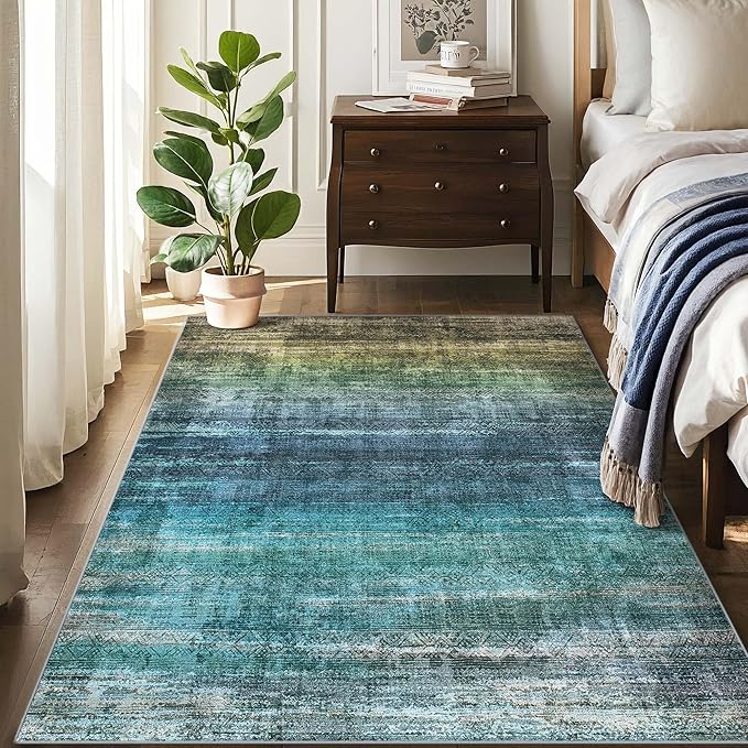 Kokia Abstract Teal Area Rug Living Room Washable 4x6 Non-Slip Stain Resistant Bohemian Rug Soft Indoor Vibrant Carpet for Bedroom Room Decor, Blue and Green
