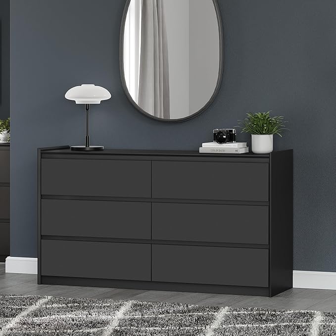 Black Dresser for Bedroom, 54" Wide Chest of Drawers, Simply Modern 6 Drawer Storage Organizer for Closet, Hallway, or Living Room