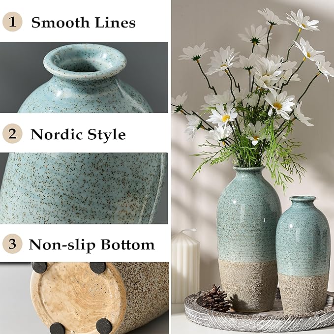 Ceramic Vases for Home Decor, Elegant Blue and Brown Ceramic Vase Set of 2, Vintage Minimalist Decorative Vase for Table Centerpiece Dining Living Room Office Nightstand Fireplace Decoration