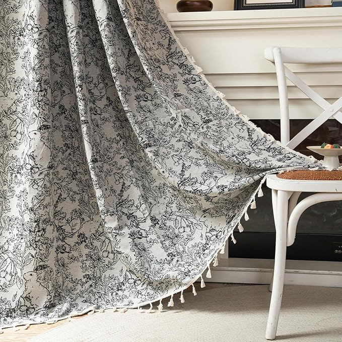 ENJOYBRIDAL Rabbit Curtains 84 Inch Length 2 Panels Boho Floor Length Drapes Jacquard Rod Pocket Dining Room Semi Sheer Window Curtains Retro Tassel Bedroom Living Room Farmhouse Window Treatments