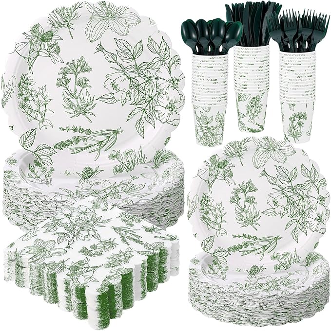 Havawish 400 Pcs Sage Green Disposable Tableware Set Greenery Floral Paper Plates Napkins Sage Serve Scalloped Plates Paper Napkins Cups Plastic Spoons Forks Knives for Wedding Tea Party Baby Shower