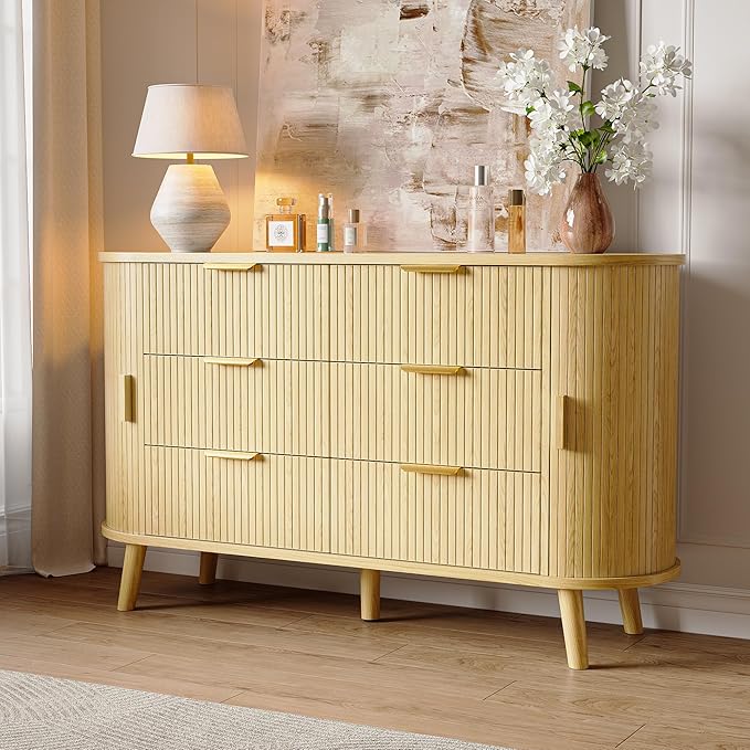 Fluted 6 Drawers Dresser, 55'' Wide Mid Century Modern Chest of Drawers with Sliding Door & Metal Handles, Curved Profile & Sturdy Legs, Wood TV Stand for Bedroom, Living Room (Natural Oak)