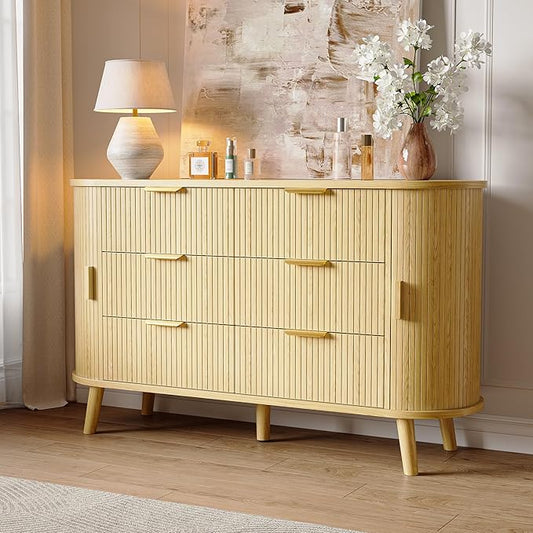 Fluted 6 Drawers Dresser, 55'' Wide Mid Century Modern Chest of Drawers with Sliding Door & Metal Handles, Curved Profile & Sturdy Legs, Wood TV Stand for Bedroom, Living Room (Natural Oak)