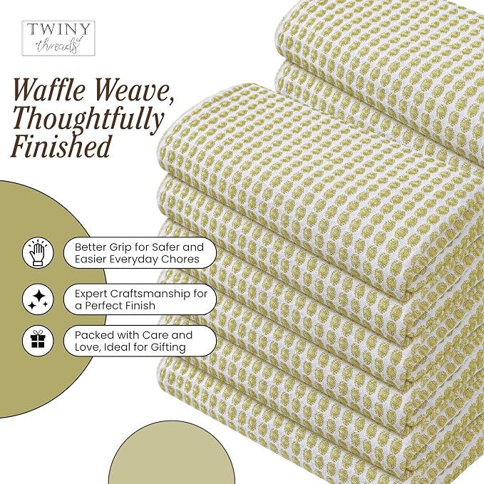 TWINY threads Circle Waffle Kitchen Towels 4 Pack, 16"x26", 100% Cotton, Super Absorbent, Durable, Vibrant Dishcloth Set, Great for Summer Decor, Cleaning Spills, Lemon Green