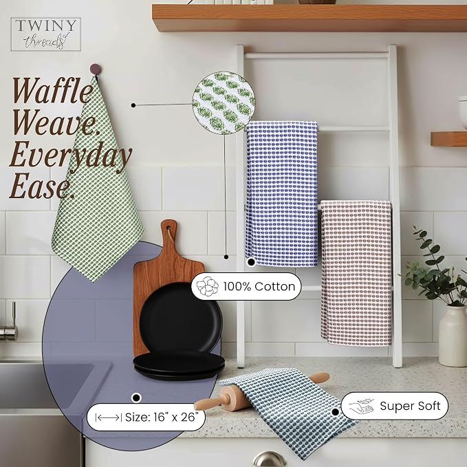 TWINY threads Circle Waffle Dish Cloths 4 Pack, 16x26 Inch, 100% Cotton, Thick, Heavy Duty, Ultra Absorbent, Commercial Grade Wash Rags, Perfect for Drying Dishes, General Cleaning, Multi Colors