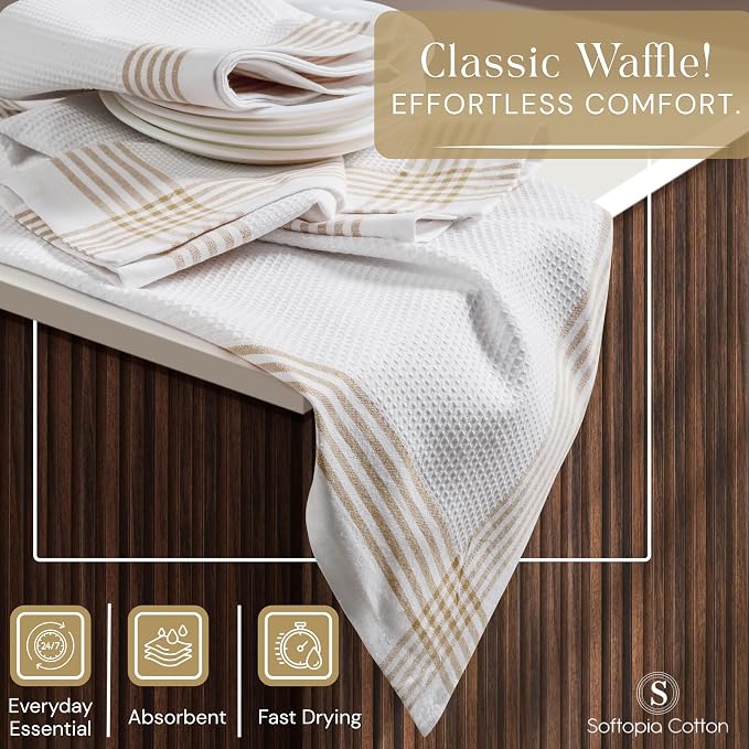 Waffle White & Beige Kitchen Dish Towels 12 Pack, 100% Cotton, 16x26 inches, Durable Dish Cloths Set, Quick Dry Kitchen Rags, Everyday Use Cooking and Cleaning Hand Towels, Bar Towel