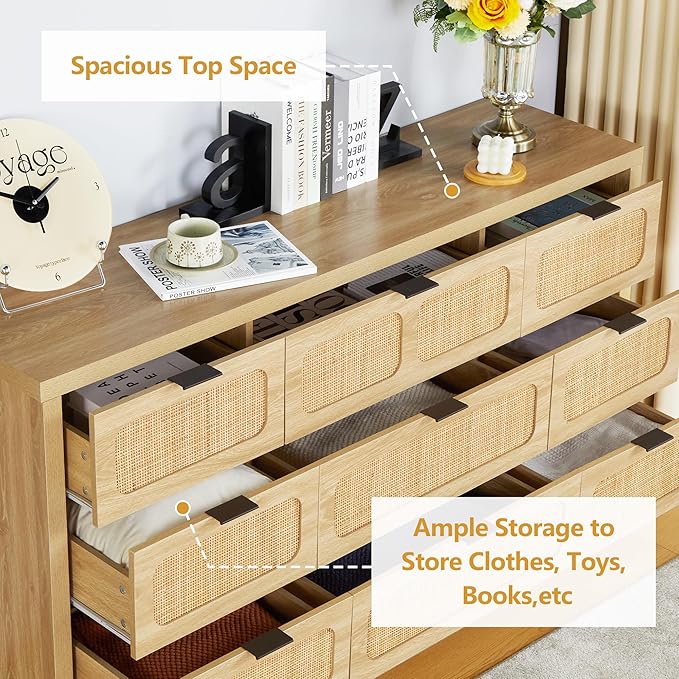 9 Drawer Dresser with Rattan Finish, Modern Farmhouse Chest of Drawers with Metal Handles, Accent Wood Dresser for Bedroom, Living Room (Natural)