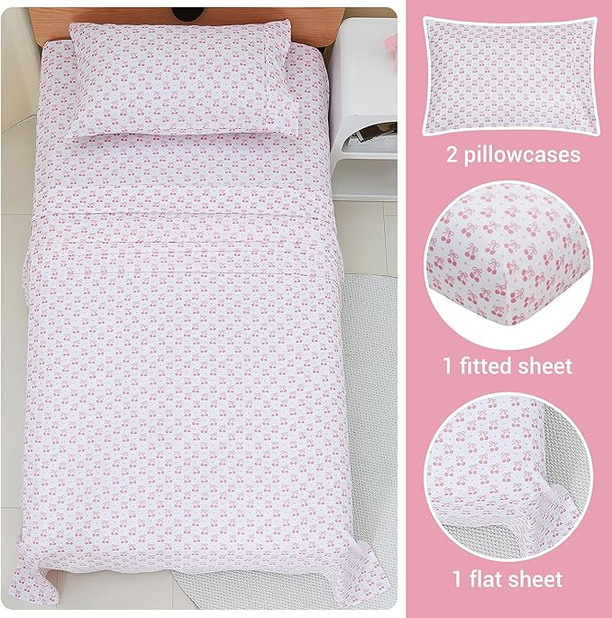 Viviland 4 Pieces Girls Pink Full Sheet Set - Soft Microfiber Fitted Flat Sheets & Pillowcase - Pink Cherry Bow Print Bedding Sets - for Kids & Toddlers