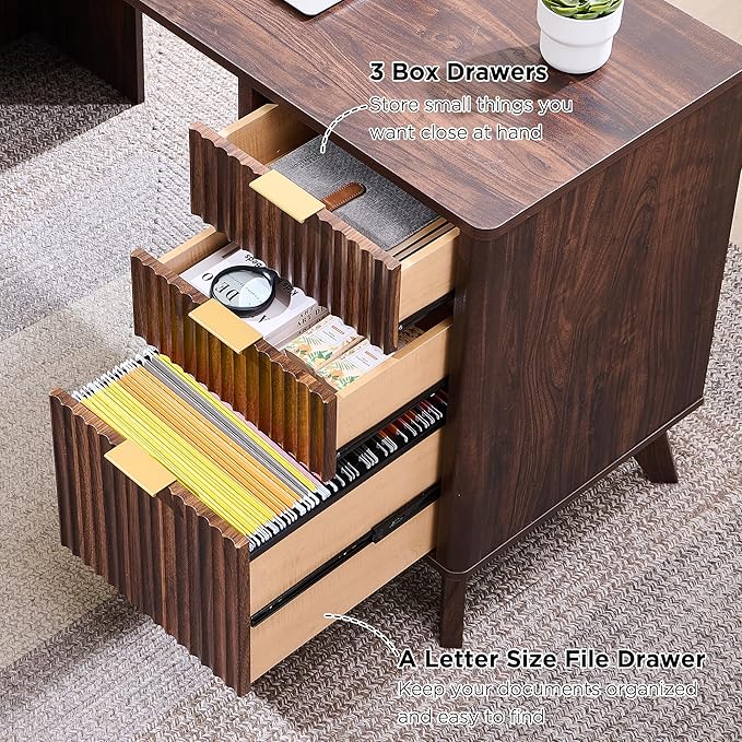 T4TREAM Fluted Executive Desk with Drawers, 60" Modern Home Office Computer Desk with Charging Station, File Cabinet, Keyboard Tray and Storage Cabinet for Study, Living Room, Bedroom, Dark Walnut