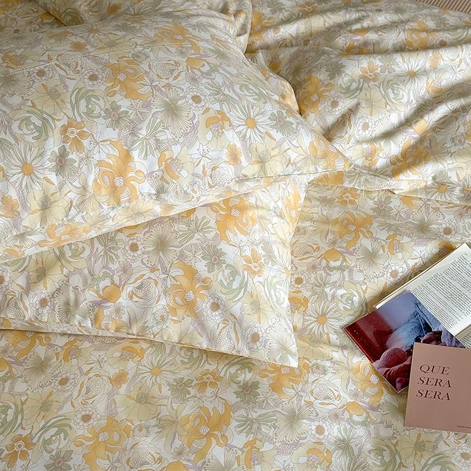 AOJIM Kids Adults Aesthetic Duvet Cover Set for Room Decor, Pure Cotton Comforter Cover Set 3pcs with Begonia Pattern, 1 Soft Quilt Cover Queen Size and 2 Matching Pillowcases, No Comforter