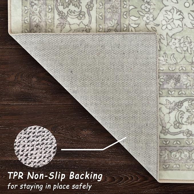 vivorug Sage Green Runner Rug 2x10 Machine Washable Rug with Non-Slip Backing, Ideal for Kitchen Hallway Entryway Laundry Room - Vintage, Durable, Easy Clean, Low Pile Carpet Runner